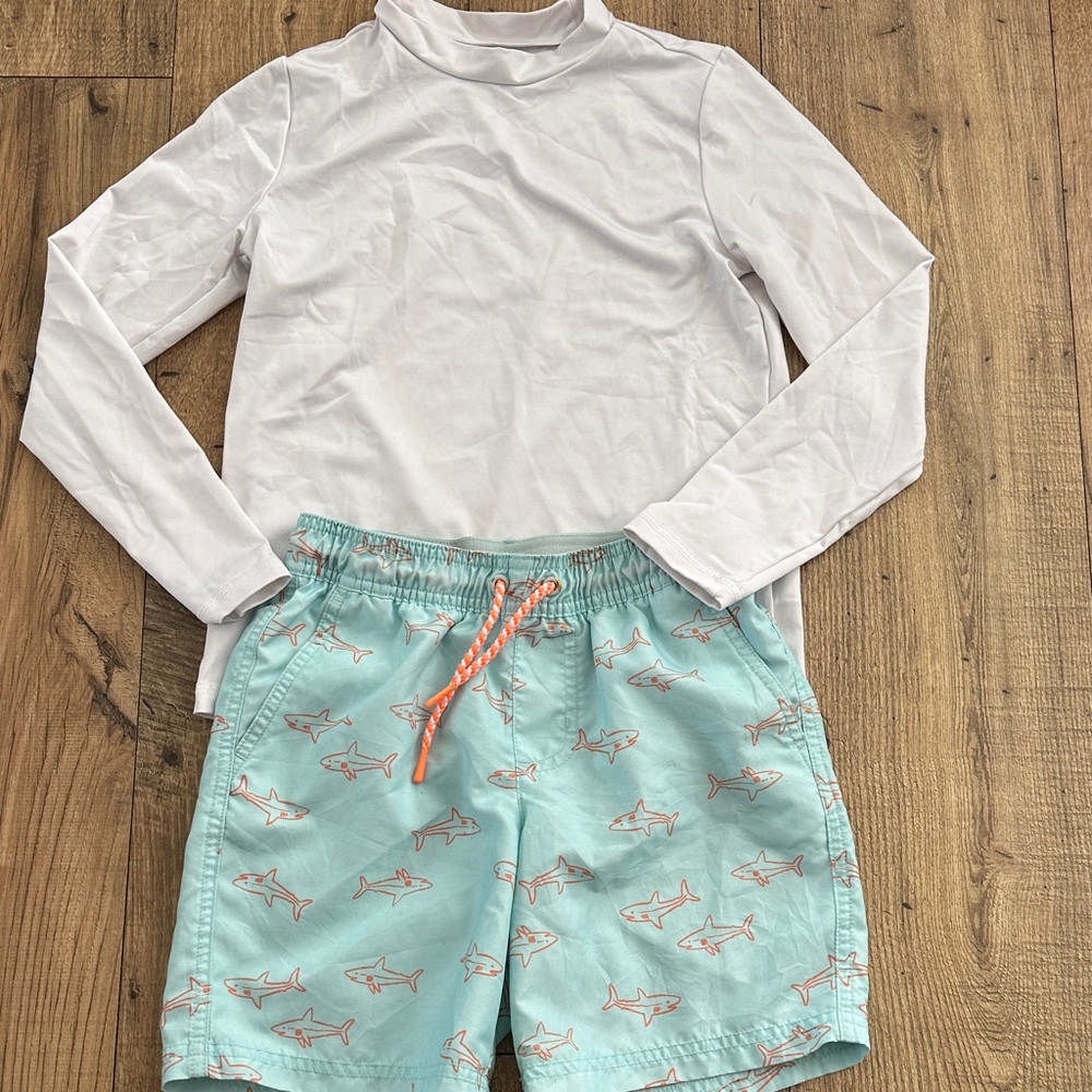 Cat & Jack White Rash Guard with Mint Shark Swim Shorts